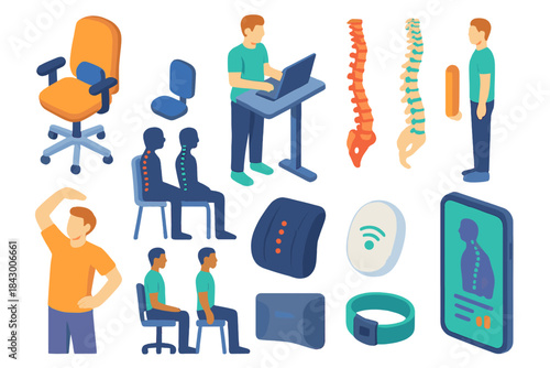Healthcare posture flat icon set. featuring office chair, standing desk, spine, wearable device, workout, and app symbols