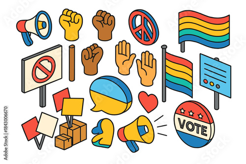 Activism linear icon set. featuring megaphone, protest, fist, peace, and flag symbols