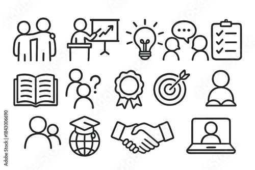 Business and education linear icon set. featuring team, presentation, idea, chat, checklist, book, question, award, target, student, graduation, handshake, laptop.