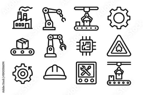Industrial automation linear icon set. featuring factory, robotic arm, conveyor, gear, worker, and chip symbols