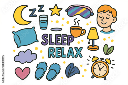 Relaxation and sleep flat icon set. featuring moon, pillow, alarm clock, slippers, and lamp symbols
