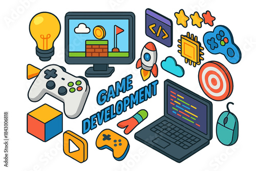 Game development linear icon set. featuring computer, controller, lightbulb, rocket, code, target, and mouse symbols