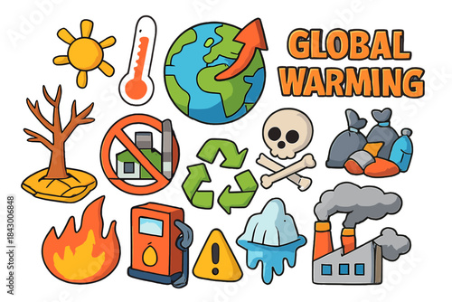 Environmental issues flat icon set. featuring global warming, pollution, recycling, deforestation, and factory emissions