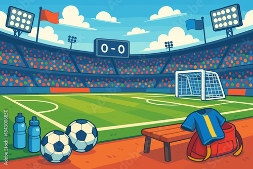 Sports equipment flat icon set. featuring ball, jersey, shoes, whistle, and stopwatch symbols