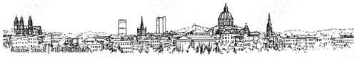 Hand drawn Prague skyline panoramic line art