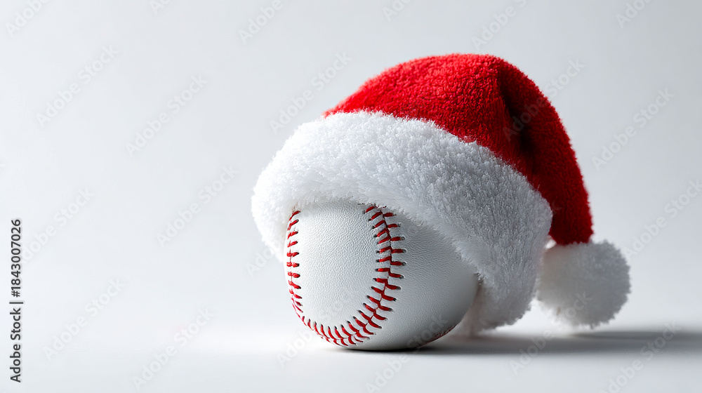 Fototapeta premium Baseball wearing a red Santa hat for fun. A baseball sits on a plain surface wearing a red Santa hat during the holiday season to add humor.