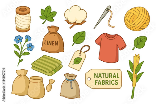 Natural fabrics flat icon set. featuring linen, cotton, spool, needle, yarn, hemp, and flax symbols