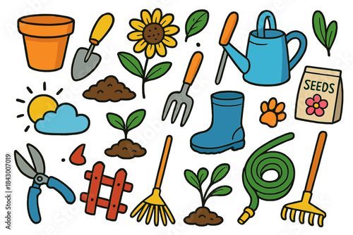 Gardening equipment flat icon set. featuring watering can, shovel, seeds, sun, boot, plants, and rake symbols