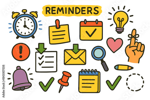 Reminders flat icon set. featuring alarm, note, calendar, idea, checklist, email, heart, search, bell, pin