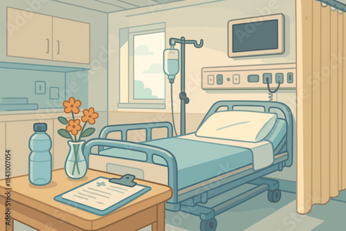 Hospital room linear icon set. featuring bed, chart, monitor, iv, cabinet, curtain, and window symbols