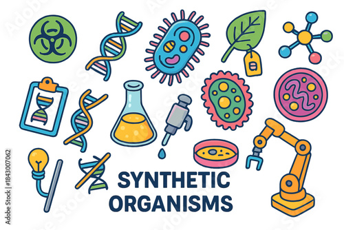 Synthetic biology flat icon set. featuring dna, bacteria, leaf, molecule, flask, and microscope