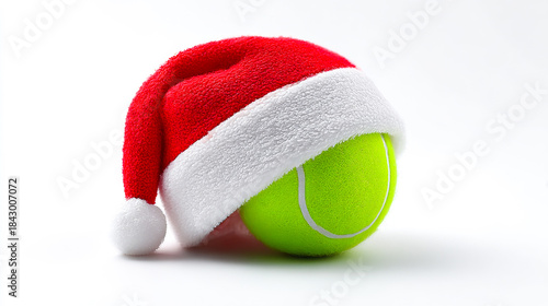 Tennis ball with Christmas hat on top. A green tennis ball sits on a white surface wearing a red and white Christmas hat during the holiday season.