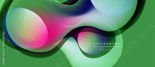 Abstract fluid shapes overlap, creating vibrant color gradients. Green background complements pink, blue, black elements. Modern design.