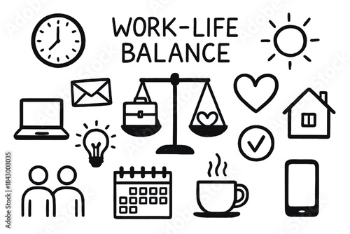 Work-life balance silhouette icon set. featuring clock, sun, laptop, envelope, scale, heart, house, and more.