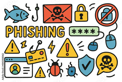 Cybersecurity flat icon set. featuring phishing, malware, password, lock, shield, and alert symbols