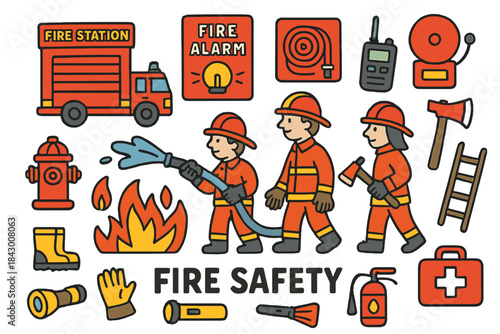 Fire safety flat icon set. featuring truck, alarm, hose, firefighter, hydrant, ax, ladder, boot, glove, extinguisher