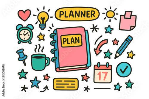 Planning tools flat icon set. featuring planner, alarm clock, coffee, calendar, light bulb, pencil, checklist