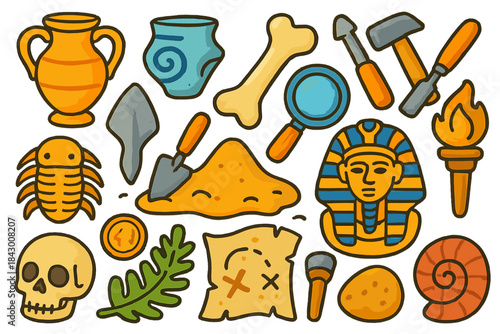 Archaeology flat icon set. featuring pottery, bones, tools, scarab, pharaoh, map, and fossil symbols