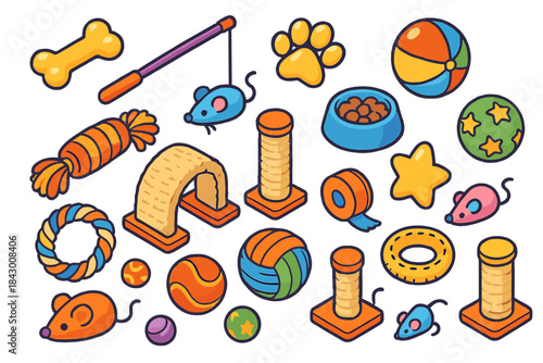 Pet toys flat icons set. featuring bone, mouse, paw, ball, rope, tunnel, scratching post, food bowl, and star