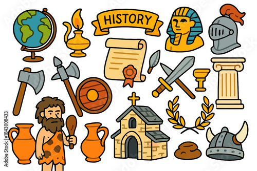 History flat icon set. featuring globe, torch, scroll, pharaoh, helmet, ax, shield, sword, column, cave, church