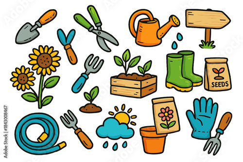 Gardening tools flat icon set. featuring shovel, trowel, watering can, gloves, plants, seeds, and sign symbols