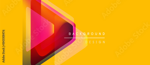 Bright yellow backdrop features overlapping geometric shapes. Red, pink, orange hues create dynamic visual interest. Text reads background design.