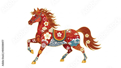 Colorful ornate horse with floral patterns in motion