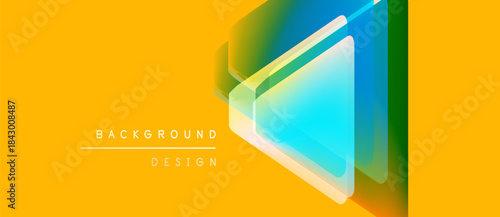 Bright yellow backdrop features layered translucent squares. Gradient colors blend, creating modern visual effect. Text reads background design.