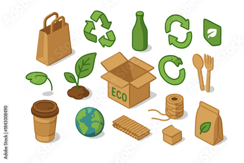 Eco-friendly silhouette icon set. featuring recycling, plant, bottle, compost, and reusable bag symbols