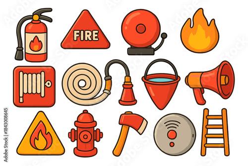 Fire safety flat icon set. featuring fire extinguisher, alarm, hydrant, hose, bucket, megaphone, and smoke detector icons