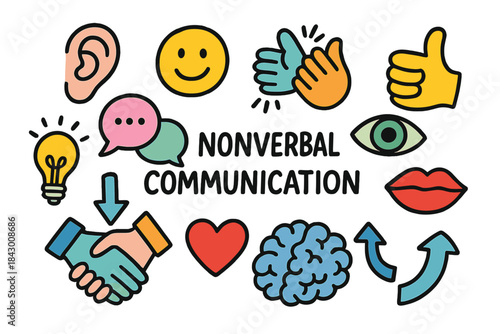 Nonverbal communication flat icon set. featuring ear, smile, thumbs-up, handshake, light bulb, speech bubble.