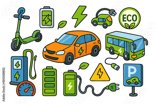 Eco transport linear icons set. featuring car, bus, scooter, charging station, battery, and eco symbols
