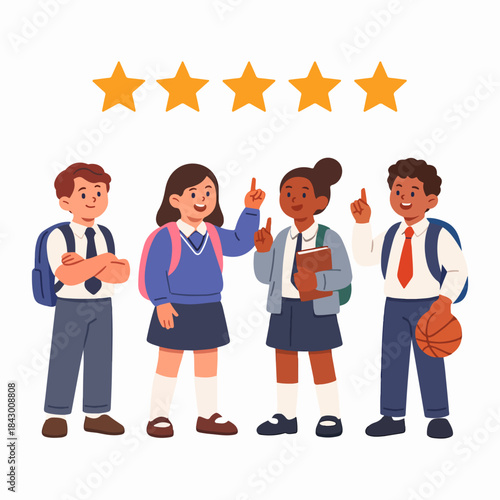 Four Happy Students Celebrate School Success With Five Bright Stars And Feel Ready For The New School Year.