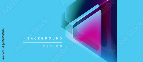 Abstract geometric design. Blue background features layered shapes, gradients, text reading background design. Modern, vibrant visual presentation.