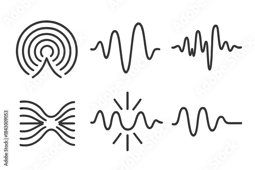 Oscillating Energy Patterns. Line style icons of oscillating directional energy: rhythmic current narrowing through layered arcs,