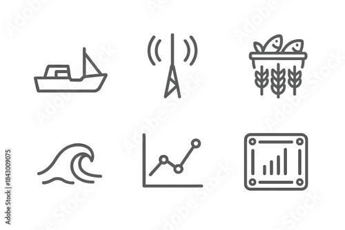 Ocean Yield Icons. Line style icons of ocean yield signal: vessel silhouette, mast beam, harvest icon, rolling wave, line graph,
