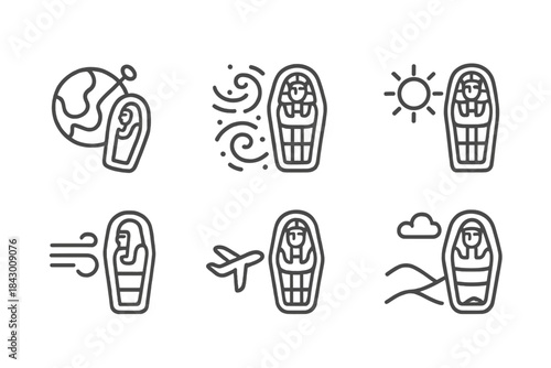 Seasonal Sarcophagus Icons. Line style icons of seasonal sarcophagus: tilted axis, sand storm, stone outline, glowing sun, sky