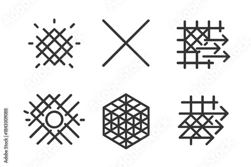 Shining Lattice Icons. Line style icons of shining lattice: glowing framework, intersecting beams, movement arrows, central light,