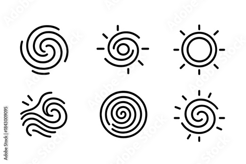 Consecrated Vortex Icons. Line style icons of consecrated vortex: swirling energy, blessed core, devotional ring, radiant current,