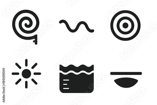 Symbolic Depth Icons. Solid style icons of symbolic depth: spiral measure mark, descending wave line, concentric sound circles,