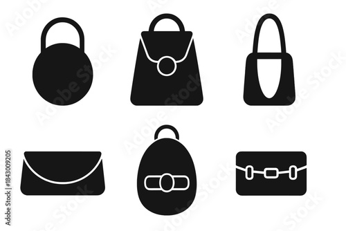 Modern Fashion Icons. Solid style icons of modern fashion: sleek circular handbag, geometric ring backpack, minimalist loop tote,