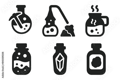Alchemical Mining Icons. Solid style icons of alchemical mining: miner’s elixir flask, quarry distillation tube, excavation brew