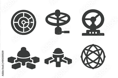 Interstellar Design Icons. Solid style icons of interstellar design: circular base blueprint, rotating structure plan, orbital