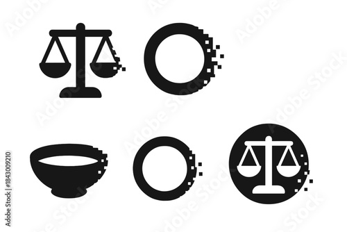 Icons of Fading Harmony. Solid style icons of fading harmony: dark balance scale, dissolving unity ring, shadowed equilibrium