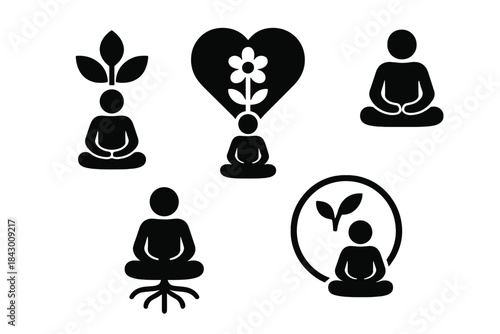 Mindful Cultivation Icons. Solid style icons of mindful cultivation: meditative plant center, calm bloom heart, serene root node,