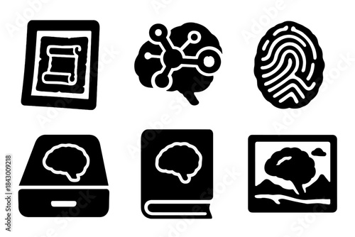 Forgotten Knowledge Icons. Solid style icons of forgotten knowledge: ancient research photo, lost neural relic, fossilized