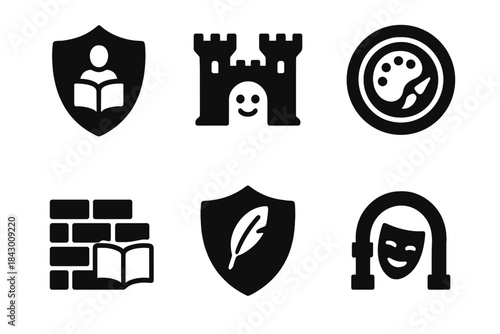 Metaphoric Protection Icons. Solid style icons of metaphoric protection: story-shield emblem, joy-fort ring, creative barrier disc