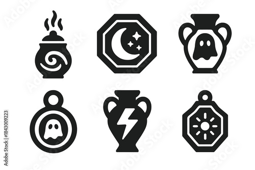 Visionary Artifacts Icons. Solid style icons of visionary artifacts: mirage urn charm, fading clay emblem, translucent porcelain