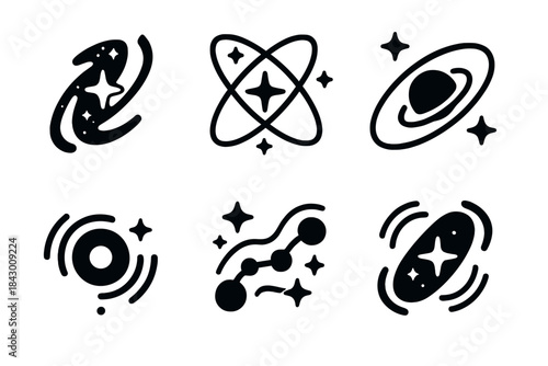 Cosmic Icon Set. Solid style icons of cosmic convergence: galactic route intersection, starlight travel hub, orbiting journey ring