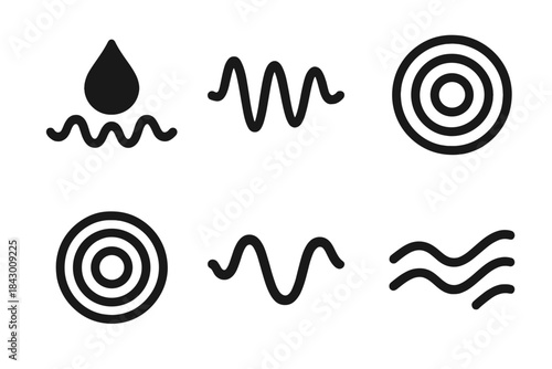 Harmonic Motion Icons. Solid style icons of harmonic motion: rhythmic liquid pulse, vibrating flow pattern, resonant ripple circle